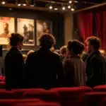 Ambiance de cinéma polonais avec acteurs et professionnels dans une salle de projection