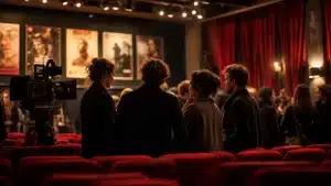 Ambiance de cinéma polonais avec acteurs et professionnels dans une salle de projection