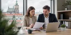 Deux professionnels préparent le recrutement d’un employé polonais dans un bureau moderne