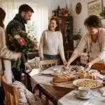Invités accueillis autour d’une table familiale illustrant les coutumes polonaises