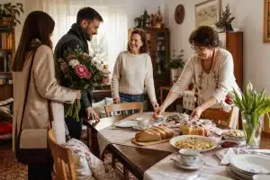 Invités accueillis autour d’une table familiale illustrant les coutumes polonaises