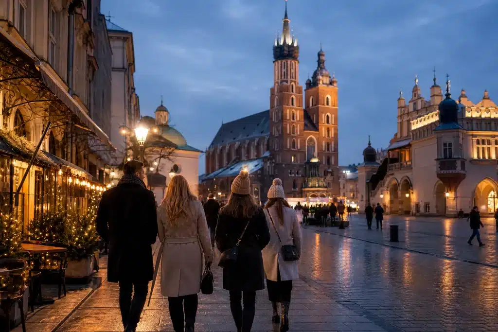 Promenade le soir du Nouvel An sur la place du marché de Cracovie