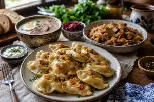 Pierogi, żurek et bigos servis sur une table de restaurant polonais