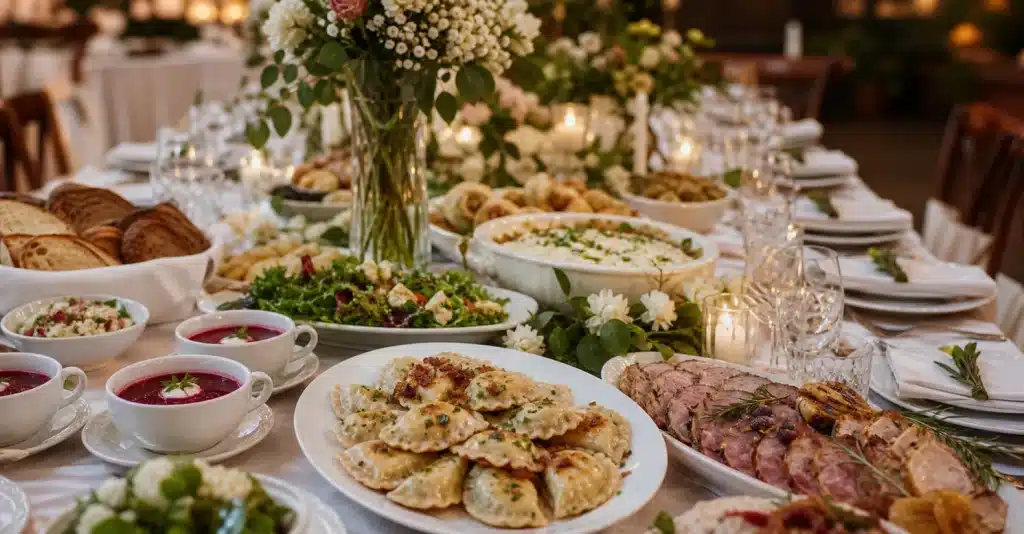 Table de mariage polonais avec pierogi, plats traditionnels et décoration florale
