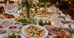 Table de mariage polonais avec pierogi, plats traditionnels et décoration florale